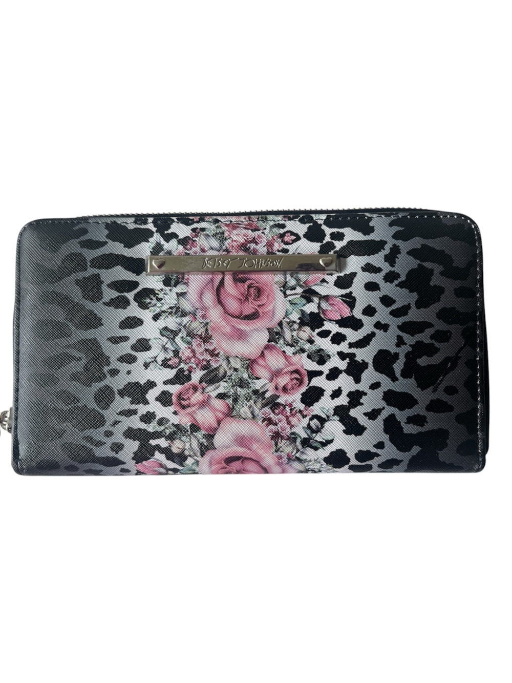 Betsey Johnson Black, Pink & Gray Floral Leopard Zip-Around Wallet